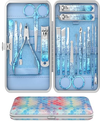 OFIDUS Set di tagliaunghie per dita e piedi, set professionale per manicure e pedicure, 18 pezzi, strumenti per la cura delle unghie con custodia da viaggio di lusso (blu diamante)