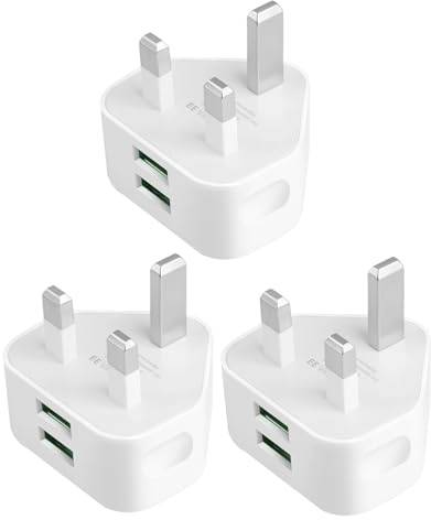 USB Plug Charger UK 3 Pack, Multi USB Wall Plug Adaptor 5V 2.1A, Dual Port Adapter with Smart IC Charging Technology for i-Phone 14 13 12 11/10/Xs/XS Max/XR/X/8/7 Plus/i-Pad Pro/Air 2/Mini 4 etc
