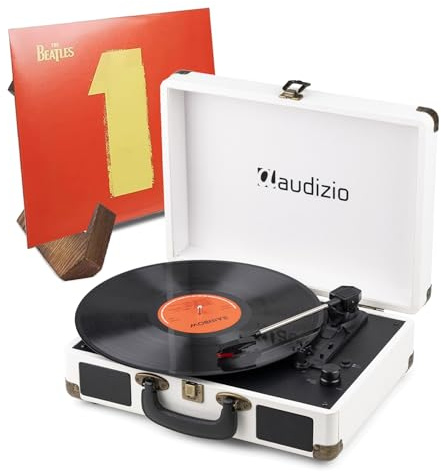 Audizio RP116CR Cream Suitcase Record Player with Bluetooth In/Out, Built-in Speakers & Retro Wooden Vinyl Display Stand – Compact Portable Vinyl Turntable Bundle