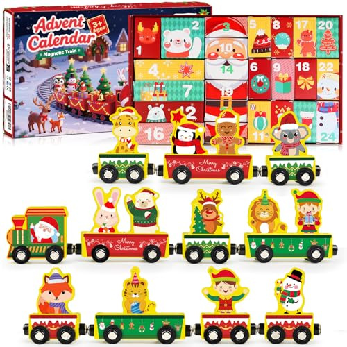 Calendrier de l'avent 2025 Enfants,24 Jours Calendrier Avent Jouet Train Magnétique en Bois,Cadeaux de Noël pour Garçons et Filles de 3 4 5 6 7 8 Ans et Plus