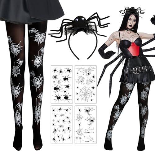 BOFUNX Halloween Kostüm, Spinne Haarreif + Spinnennetz Strumpfhose + 4pcs Spinne Gesichtstattoos, Spinnen Kostüm für Halloween Karneval Cosplay