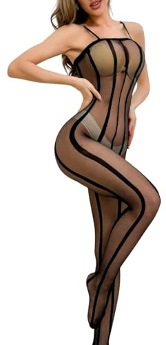 Sexy Lingerie Women Fishnet Bodystocking Cutout Strappy Mesh Bodysuit Sleeveless Halter Body Stockings See Through One Piece Stretchy Jumpsuit Rave Babydoll for Halloween Party Clubwear (Black)