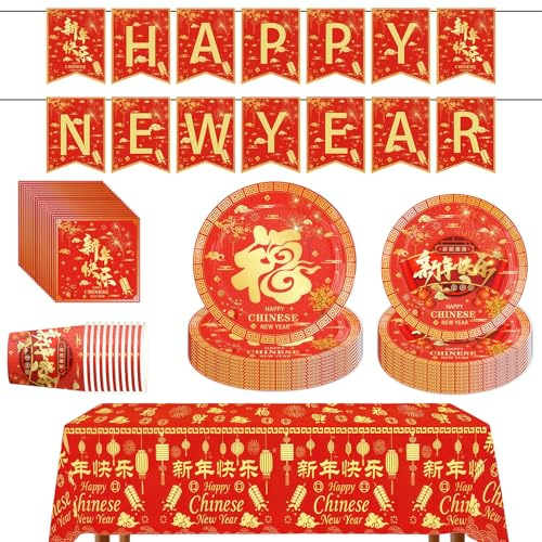 JUFYVO 52pcs Chinese New Year Party Supplies Happy New Year Tableware Set Plates Cups Napkins Tablecloths Banner Spring Festival Party Decor for Dinner Supplies