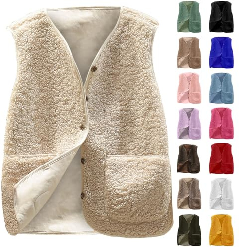 CSKJ Teddy Fleece Weste Damen Winter Warm Plüschweste Ärmellos Fleeceweste Kurz V-Ausschnitt Plüsch Westen Leicht Übergangsjacke Locker Komfort Winterweste Outdoor Gilet für Frauen S-5XL