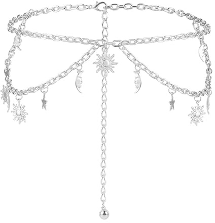 Xiciki Double Layer Women Metal Chain Belt, Adjustable Sun Moon Star Waist Chain, Metal Link Belt Decorative for Women Jeans Pants Dresses