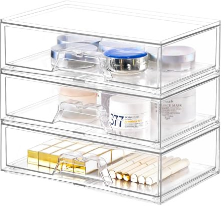 3 Pack Stapelbare Aufbewahrungsschubladen Schubladen Organizer Schminktisch | Acryl Transparent Kosmetik Organizer Schublade Stapelbare Schubladenbox,Badezimmer Aufbewahrung und Organisation
