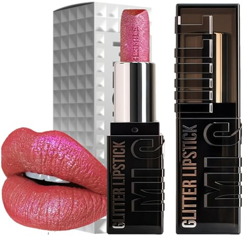 Glitter Pink Lipstick Long Lasting, Metallic Shimmer Red Lipstick, Highly Pigmented Moisturising and Non-sticky Waterproof Lip Makeup for Women Daily Party