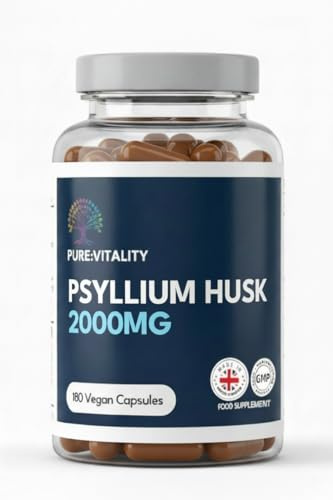 Pure Vitality | Fibre Supplement 2000mg Psyllium Husk | 180 Vegan Capsules - High Strength - Natural Soluble Fiber Supplement from Plantago Ovata Seeds | Made in the UK