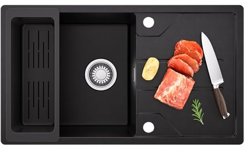 CECIPA Spüle mit Abtropffläche 78 x 45, Granitspüle Schwarz | Spülbecken Schwarz 78 x 45 cm, Spüle Küche aus Granit mit Siebkorb, Küchenspüle, Waschbecken Küche Einbauspüle inkl. Siphon