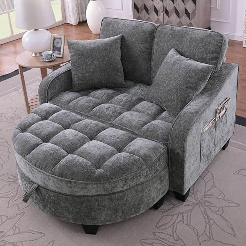 Ligterra Sofa mit Schlaffunktion, Sofa Klein, Chaiselongue, 2-in-1 Schlafsofa, Aufbewahrungs-Hocker & 4 Kisse, für Kleine Wohnzimmer, Studienzimmer, Schlafzimmer, 132×129×93cm (Dunkelgrau)