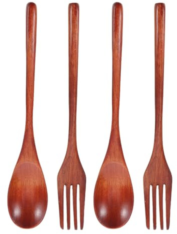 DIYEAH Ensemble de Couverts Portables en Bois Japonerie 4pcs, Cuillère de Service et Fourchette Réutilisables, Design Minimaliste, Résistant aux Lavages Fréquents, pour Camping