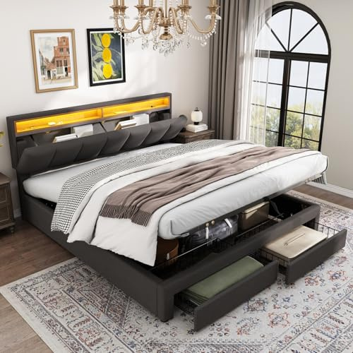 BRYXR Bett 160x200, Polsterbett Doppelbett mit LED-Beleuchtung, 2 Schubladen, Stauraum-Kopfteil, Hydraulik, Boxspringbett Bettgestell mit Lattenrost, Funktionsbett, Jugendbett, Leinen, Ohne Matratze