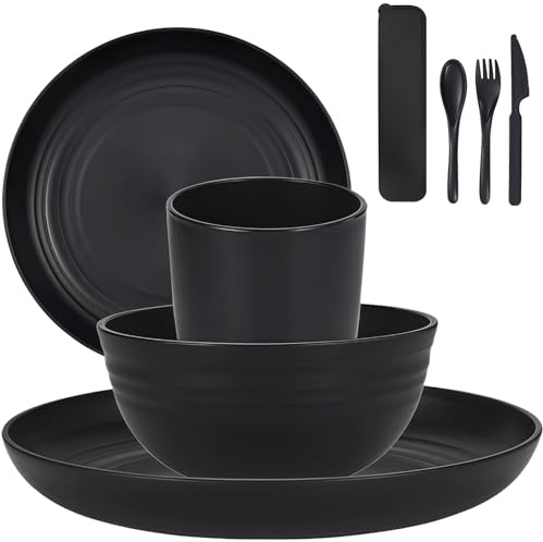 Plates and Bowls Set, Unbreakable Camping Tableware, 8 PCS Cutlery Set, Reusable Tableware Lightweight Plates Bowls Cups, Microwave & Dishwasher Safe, for Camping, Picnics