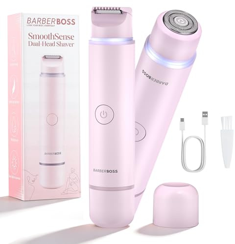 BarberBoss Kit de afeitadora 2 en 1 para mujer, kit de depilación facial y bikini de doble cabeza con luz de precisión, juego de recortadora de viaje recargable (Rosa)