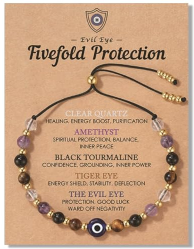 AIKOBAA Evil Eye Bracelet, Protection Bracelet for Women & Men, Healing Crystal Bracelet with Adjustable Stone, Spiritual Gifts for Women, Crystal Bracelet with Meaning Card