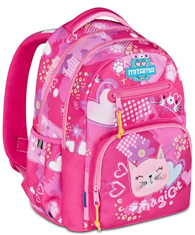 Mitama Zaino Scuola Elementare New Plus CuddlyKitten, Extra Capienza, Bambini e Bambine, Tasca Porta Borraccia, Schienale Imbottito, lilla