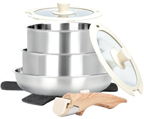 Stainless Steel Cookware Set, 6 Pcs Cookware Set with Detachable Handle, Saucepans, Frying Pans, Induction-Ready,Stackable,RV Camping, Oven Safe
