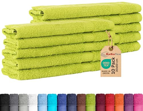 BaSaTex 10er Pack Handtuch Set Gästetuch Handtücher Waschtücher Baumwolle | Frottee-Handtücher mit Aufhängeschlaufe, Waschtücher Gästetuch Öko-Tex Made, Apfelgrün, Frottee, Öko-Tex, Made in Green