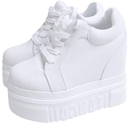 Women Fashion Platform Sneakers Wide Width High Hidden Heel Wedge Walking Shoes (5.5, Without Flower White)