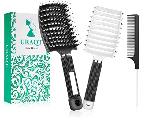 URAQT Haarbürste, 2 Stück Profi Entwirrungsbürste mit Griff, Wildschweinborsten Haarstyling Bürste mit Haarkamm für Lange Feine Dicke Lockige Haare, ohne Ziepen (schwarz+weiß)