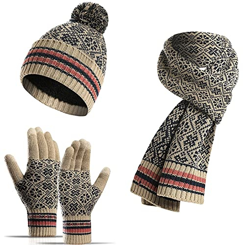 Jarseila Damen Mütze Schal und Handschuhe Set Winter Warme Bommel Beanie Wintermütze Touchscreen Handschuhe Lang Winterschal mit Fleecefutter Geschenk 2024 Beige