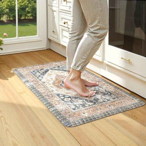 KIMODE Anti Fatigue Kitchen Mats for Floor,17.3 x 29 Cushioned Boho Vintage Kitchen Rugs,Non-Slip Waterproof Kitchen Sink Standing Mat Wipe Clean for Kitchen,Laundry Floor,Mutil-Blue