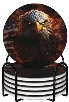 Runde Form, 6 Keramik-Untersetzer, amerikanische Flagge, Feueradler, Bild: rutschfeste Korkunterseite, passend für alle Kaffeetassen, Gläser und Tassen