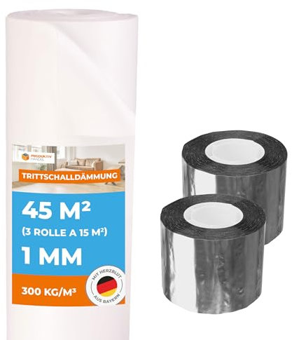 Trittschalldämmung Vinyl 45 m² | Premium Vinylunterlage 1mm stark | 3 Rollen Klick Vinyl Unterlage & 2 Rollen Alu Dichtband | gute Schall- und Wärmedämmung | Fußbodenheizung geeignet
