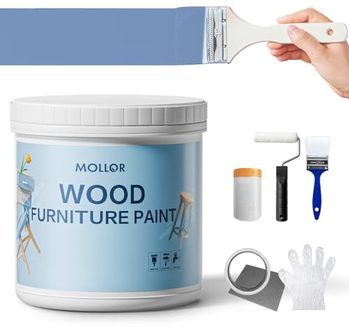 Mollor Matt Schwarz Holzfarbe Innen, Langlebig Farbe Für Möbel Ohne Schleifen, Kreidefarbe Shabby Chic Feinste Farbe Innen und Außen Möbellack Bastellfarbe (16oz/500g, Küstenblau mit Werkzeugen)