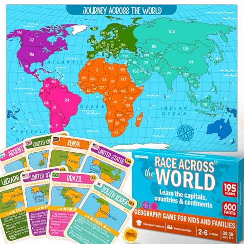 Quokka Board Games For Kids and Family - Educational Game Age 8-12 | World Map Board Games - Across The World Facts and Map Locations with 195 Country Cards - Learn Capitals Flags - Fun Game