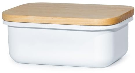 Theo&Cleo Mantequera con tapa de madera, campana de mantequilla para 250 g de mantequilla, plato de mantequilla multifunción, tapa de bambú (blanco + bambú)
