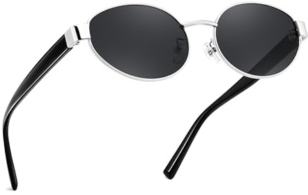 FEISEDY Sunglasses Men Women UV400 Protection Retro Trendy Classic Oval Small Metal Frame B0402 Silver frame Grey Lens Black legs