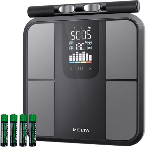 MELTA® Balance Connectée Impédancemètre 8 Électrodes – Pèse Personne 58 Mesures BIA Double Fréquence – Masse Grasse Musculaire IMC – Écran LED Couleur – Mode Hors Ligne – Analyse Corporelle Complète