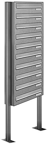 AL Briefkastensysteme 10er Edelstahl Durchwurfbriefkasten, 10 Fach Briefkasten DIN A4, wetterfeste Standbriefkastenanlage in V2A Edelstahl mit zehn Fächern