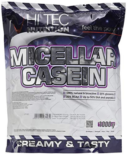 HI-TEC Casein Truskawka, 1000 g | Langsame Proteinfreisetzung, 23–24 g Eiweiß je Portion, vier Sorten, mit Vitamin C, E und ausgewählten B-Vitaminen