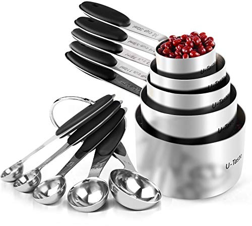 Messbecher: U-Taste 18/8 Edelstahl Messbecher und Messlöffel Set mit 10 Stück, Griff mit Verbesserter Dicke, Amerikanisch (Schwarz)
