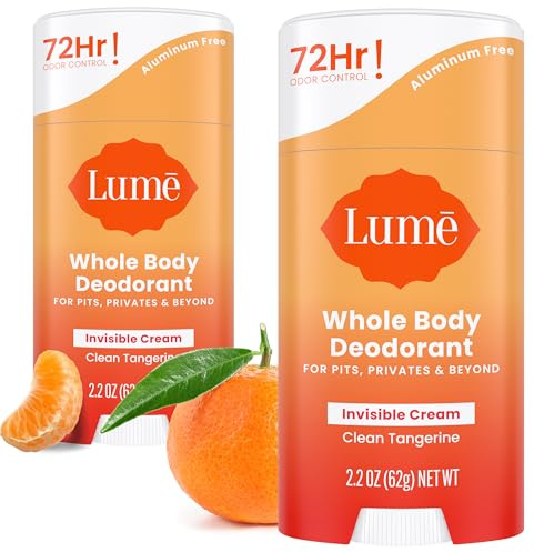 Lume Whole Body Deodorant - Invisible Cream Stick - 72 Hour Odor Control - Aluminum Free, Baking Soda Free, Skin Safe - 2.2 Ounce (Pack of 2) (Clean Tangerine)