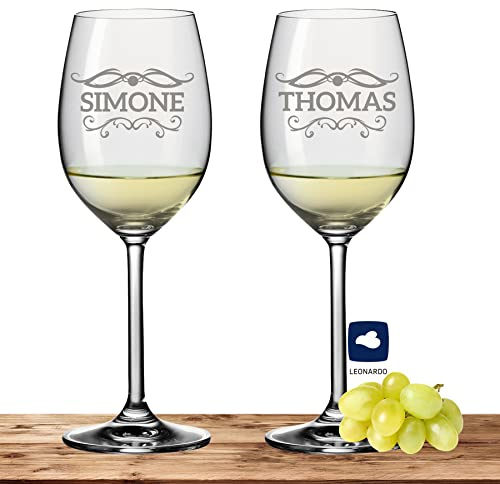 Deitert Leonardo Weißweinglas-Set mit Namen oder Wunschtext graviert, 2er-Set, 370ml, Ciao+, personalisiertes Premium Weinglas in Gastroqualität, (Barock01)