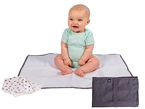 J.L. Childress Healthy Habits Portable Changing Pad Bundle for Babies - Wipeable Diaper Changing Mat for Travel + 3 Disposable Changing Pads, Baby Accessory Essentials, Foldable & Compact - Grey