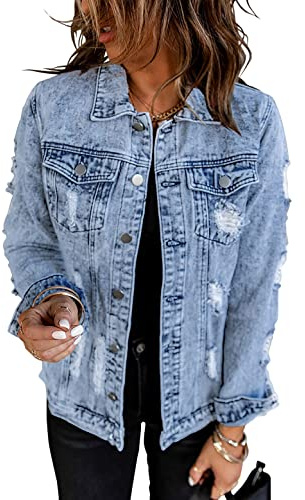 Necooer Blue Denim Jackets For Women Fashion Boyfriend Washed Denim Jean Coat Jacket Outwear