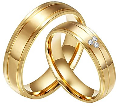 KnSam 2er Ring Verlobung Herren 6MM, Edelstahl Ringe Pärchen Poliert mit Zirkonia für Männer & Frauen, Gold, Gold-Damen Gr.49 (15.6) & Herren Gr.60 (19.1)