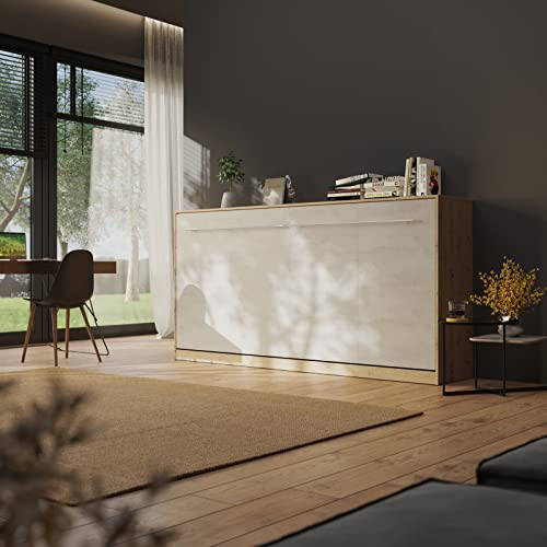 Schrankbett Standard 90x200 Horizontal Wildeiche/Beton ausklappbares Wandbett, ideal geeignet als Wandklappbett fürs Gästezimmer, Büro, Wohnzimmer, Schlafzimmer