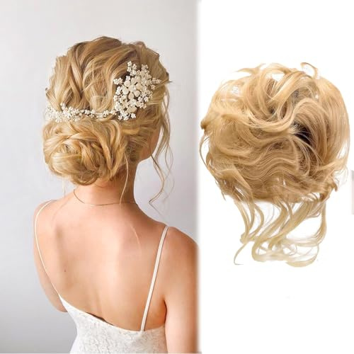 Haargummi Gelockt Dutt Haarteil hairpiece, Messy Bun Haarteil Mit Haaren Hochsteckfrisuren Haardutt Synthetisch Haarverlängerung Pferdeschwanz Haarteile für Frauen Mädchen (Mischen Blond bleichen)