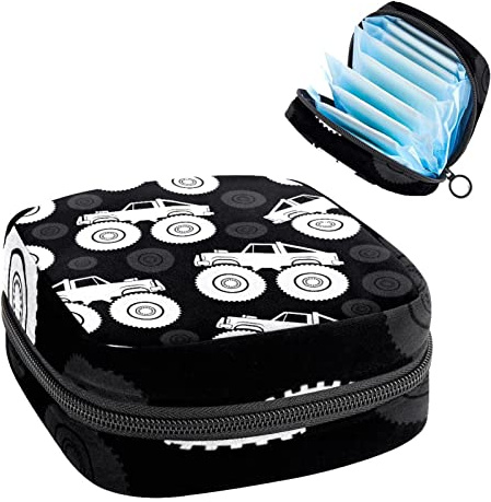 Aufbewahrungstasche für Damenbinden, Menstruationstassen-Tasche, Perioden-Tasche, Organizer für weibliche Pads, Tampons, weiße Monster-Trucks auf Schwarz