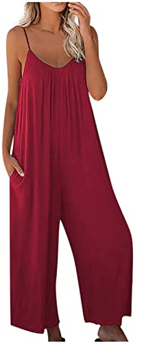 HAOLEI Jumpsuits for Women UK Elegant Holiday Casual V Neck Summer Dungarees Loose Fit Spaghetti Strap Stretchy Overalls Wide Leg Rompers Solid Color Playsuits Beach Boho Baggy Dungarees with Pockets