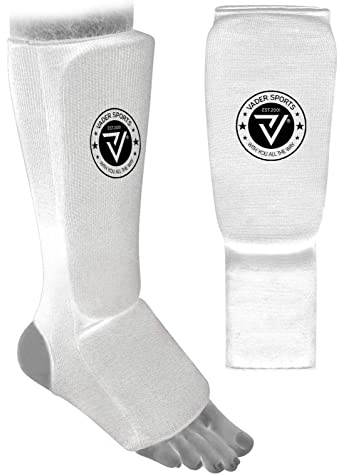 VADER Elastiska skenben vristdynor kickboxning MMA Muay Thai Shin Guards skyddande ben fotdyna för Karate Taekwondo kampsport träning sparring boxning barn/vuxna (M ungdom- 10-13 år, vit)