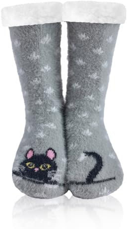 WOTENCE Chaussettes Antidérapantes Femme Chaud Fuzzy Doublé Mignon Animal Hiver Maison Pantoufle Chaussettes Cadeau De Noël（Chat Gris）