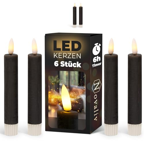 Stabkerzen LED mit Timer SCHWARZ 6 Stück Indoor 6 Stunden ECHTWACHS 15cm Höhe für Kerzen 2,2cm Durchmesser 2 AAA Batterien notwendig LED Stabkerzen 4er Set SCHWARZ (zwei Mal) bewegliche Flamme Licht