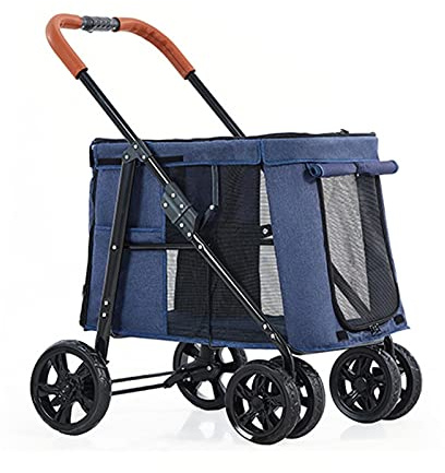 Pet Dog Stroller for Large Dogs, Foldable Dog Pram Pushchair Travel Buggy Stroller 4 Wheels Carrier Storage Basket,Premium Luxury Cat Strollers for 2 Cats & Puppy - 75 Pounds (Color : Blue)