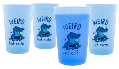 Disney Lilo & Stitch Weird But Cute Lot de 4 gobelets en plastique à couleur changeante | Gobelets réutilisables pour anniversaires, fêtes, événements | Chaque tasse peut contenir 445 ml